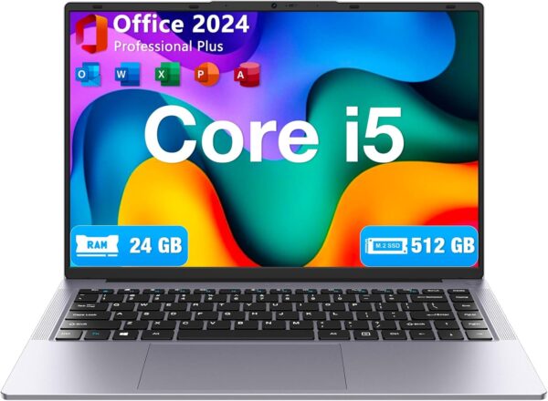 Laptop – Intel Core i5 (up to 3.6GHz), 24GB RAM/512GB SSD, Windows 11 Pro, 1920×1200 100% sRGB Display w/HDMI & USB-A, Long Lasting Battery, MS Office 2024