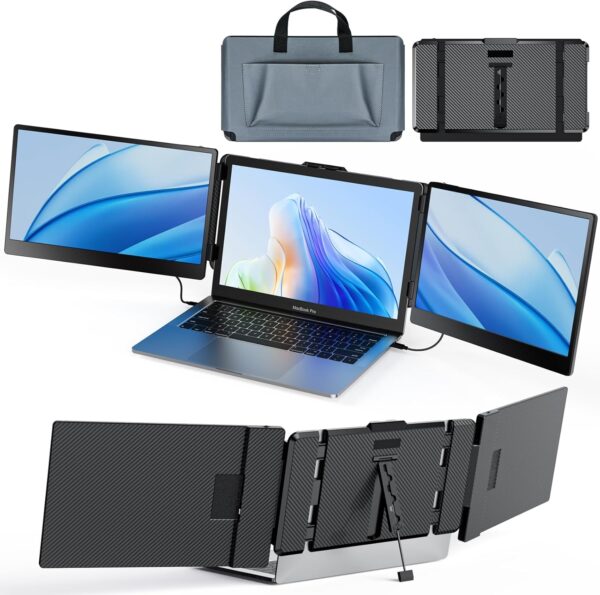 Laptop Screen Extender Kwumsy S2 Triple Laptop Monitor Extender Ultra Slim 14″ 1080P FHD IPS Portable Monitor for Laptop with Stand Compatible with Mac Windows Linux Switch PS4/5