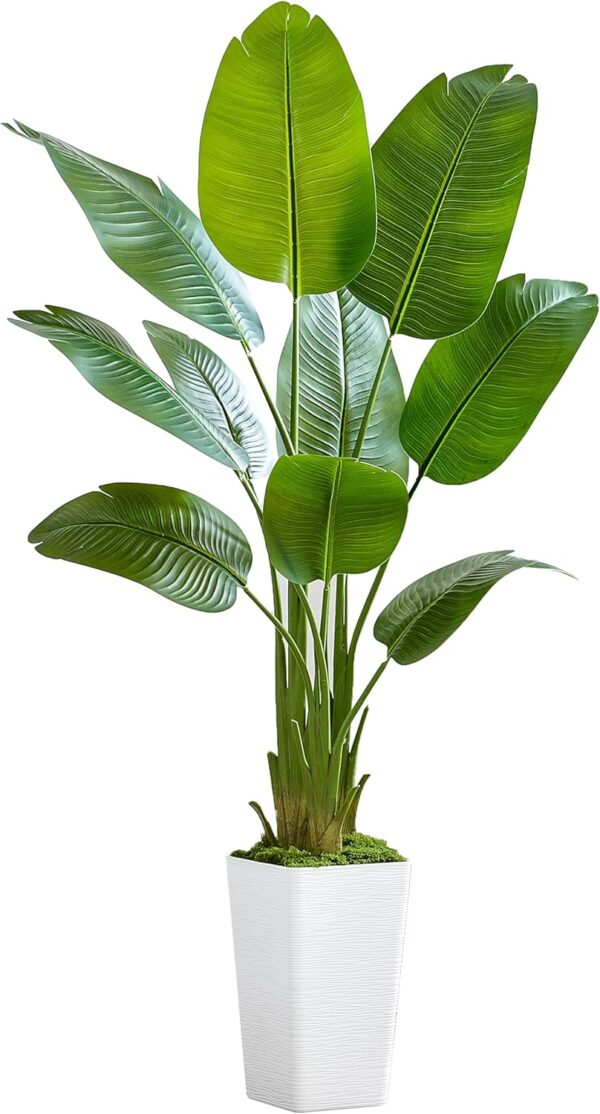 Lifelike Bird of Paradise Silk Artificial Plant Faux Banana Leaf Tree for Home Decor – Perfect Indoor Floor Plant with 9 Trunks (1, White Tall Planter, 5 FT)