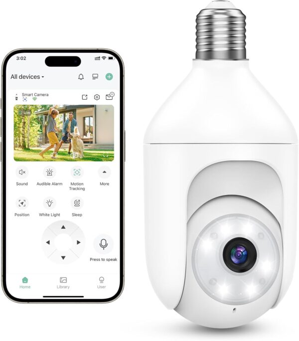 Light Bulb Security Cameras Wireless Outdoor Indoor, 2.4GHz WiFi Lightbulb Cameras for Home, 360°PTZ, 2K Color Night Vision, Motion Detection, 2-Way Audio, Spotlight Audible Alarm