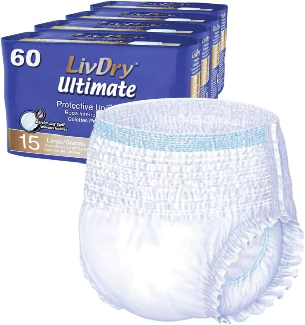 LivDry Large Ultimate Adult Incontinence Underwear, High Absorbency, Leak Cuff Protection, L, 60-Pack