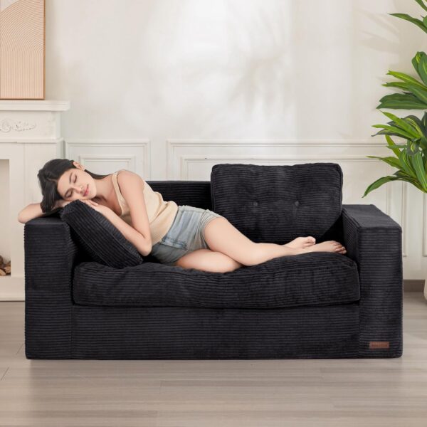 MAXYOYO Bean Bag Chair for Adults, Upholstered Floor Sofa with Armrests, Loveseat Boneless Couch with Tufted Cushion & Backrest, Sofa in A Box, Large Bean Bag Couch for Bedroom Living Room, Black
