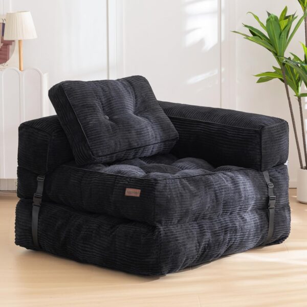 MAXYOYO Folding Sofa Bed, L-Shaped Convertible Sofa with Armrest Foldable Sleeper Bed with Pillow, Comfy Floor Lounge for Living Room Bedroom, Black
