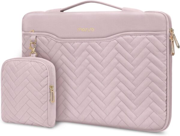 MOSISO 13-14 inch 360 Protective Laptop Case, 13.3 inch Laptop Sleeve Compatible with MacBook Air/Pro 13 13.6/Pro 14, HP, Dell, ASUS, Rectangle Quilted Bag with Handle&Pocket&Small Case, Pink