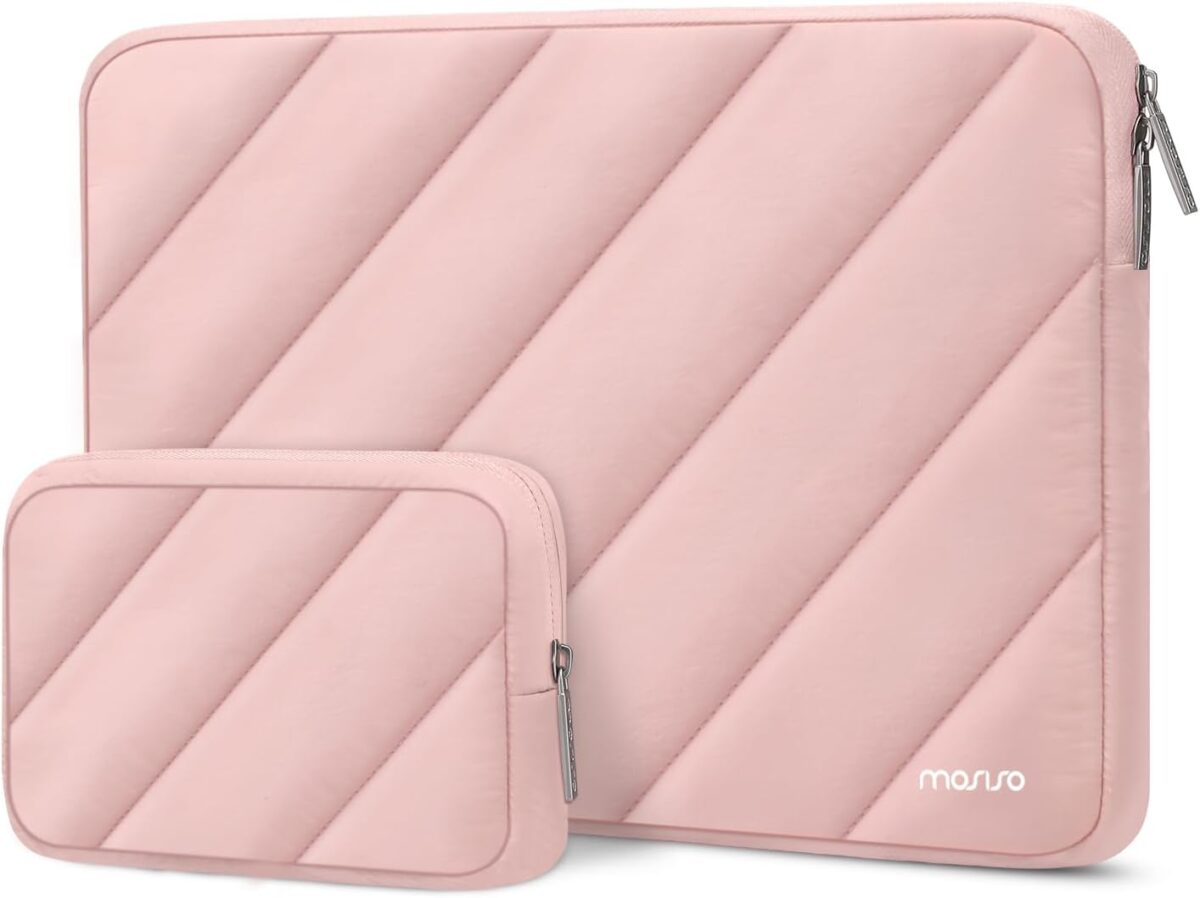 MOSISO 13-14 inch Laptop Case, Compatible with MacBook Air/Pro 13 inch, Compatible with MacBook Pro 14 M4 M3 M2 M1, Left Parallelogram Quilted Puffy Laptop Sleeve Bag Cover with Small Case, Pink