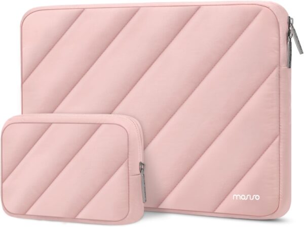 MOSISO 13-14 inch Laptop Case, Compatible with MacBook Air/Pro 13 inch, Compatible with MacBook Pro 14 M4 M3 M2 M1, Left Parallelogram Quilted Puffy Laptop Sleeve Bag Cover with Small Case, Pink
