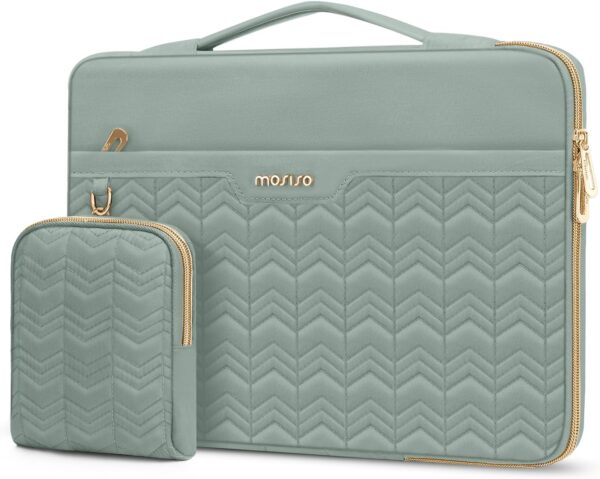 MOSISO 360 Protective Laptop Sleeve 13-13.3 inch, Compatible with MacBook Air 13 M2 M1, Compatible with MacBook Pro 13/14, Wavy Quilted Side Open Bag with Horizontal Pockets&Small Case, Antique Green
