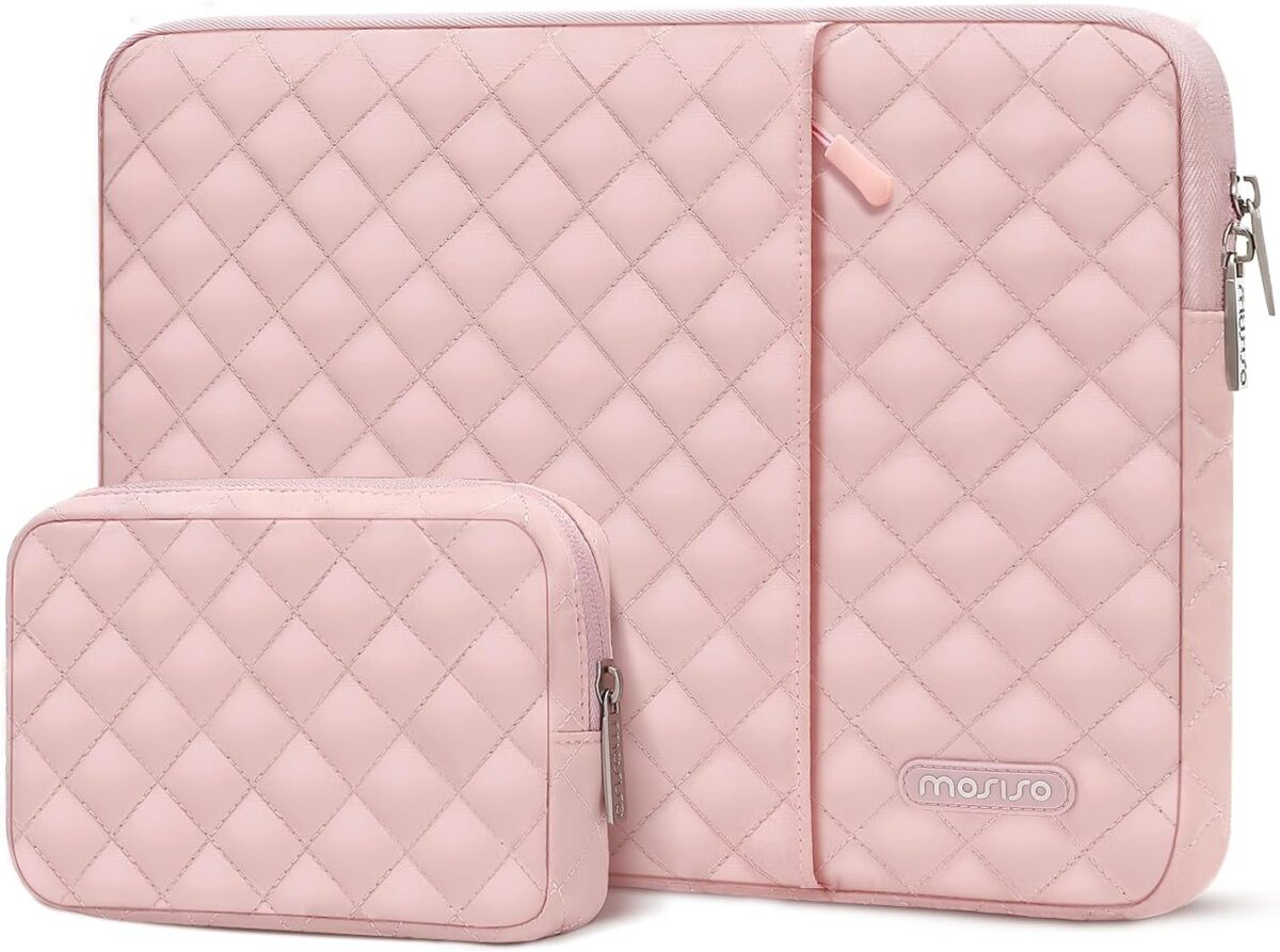MOSISO Laptop Case 13.3 inch, 13-14 inch Laptop Sleeve Bag Compatible with MacBook Air/Pro 13 / Pro 14, HP Dell ASUS Notebook, Square Quilted Vertical Computer Bag with Pocket&Small Case, Chalk Pink