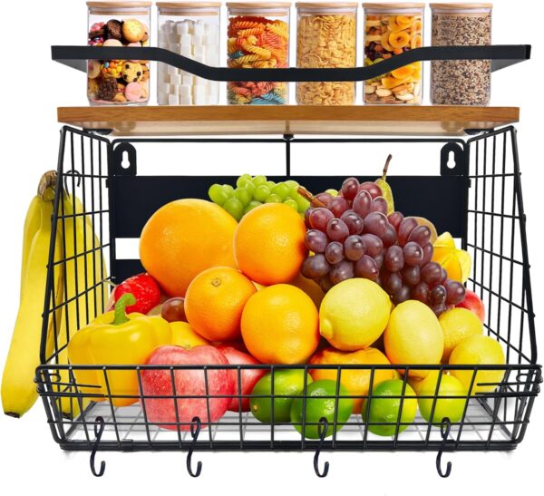 Magnetic Shelf for Fridge with Wood Lid, Fruit Potato and Onion Storage Bins, Larger Container and Strong Magnetic Spice Rack for Refrigerator, Pantry, Kitchen Countertop, RV, Laundry