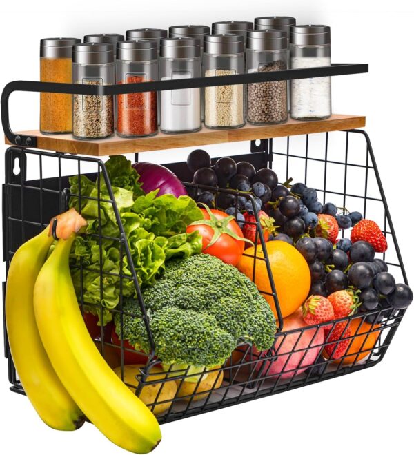Magnetic Shelf for Fridge with Wood Lid, Onion and Potato Storage Bins, Fruit Basket for Kitchen Counter, Magnetic Spice Rack for Refrigerator Organizers and Storage