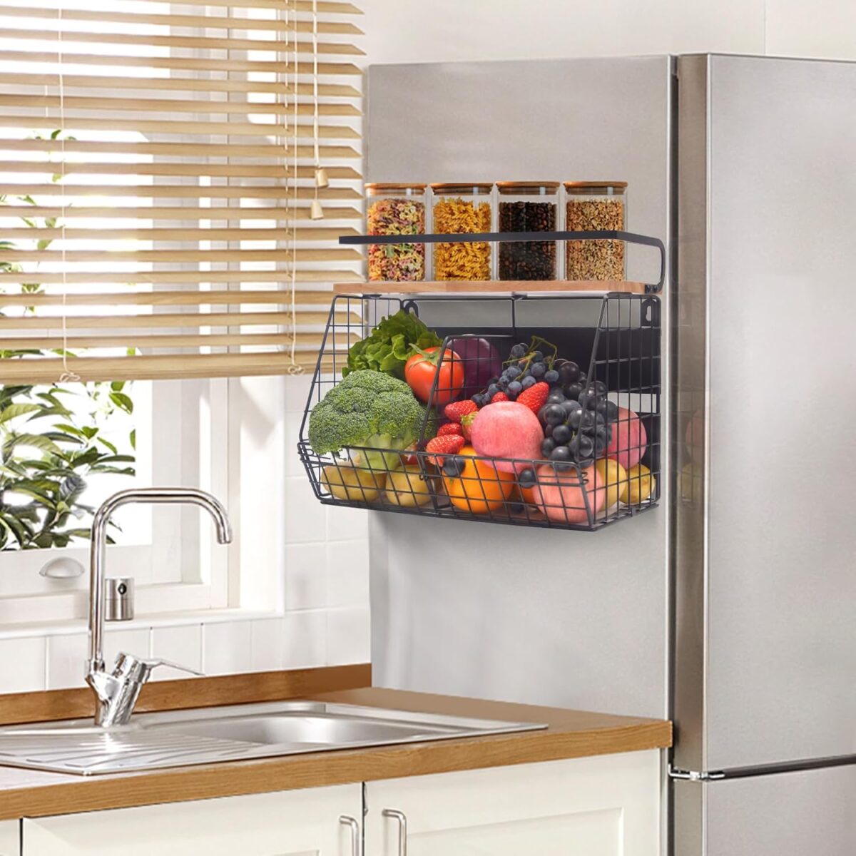 Magnetic Shelf for Fridge with Wood Lid Onion and Potato Storage Bins Fruit Basket for Kitchen Counter Magnetic Spice Rack for Refrigerator Organizers and Storage Magnetic Shelf for Fridge with Wood Lid, Onion and Potato Storage Bins, Fruit Basket for Kitchen Counter, Magnetic Spice Rack for Refrigerator Organizers and Storage