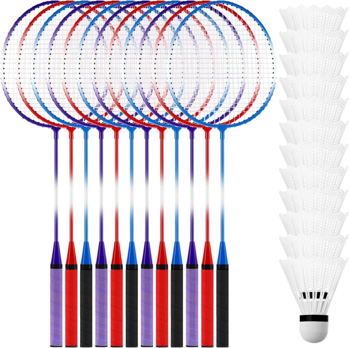 Meooeck 12 Pcs Badminton Rackets Set for Adults and Teenagers Badminton Set with 12 Pcs Nylon Shuttlecocks for Backyard Gym Beach Outdoor Games, Red, Purple and Blue