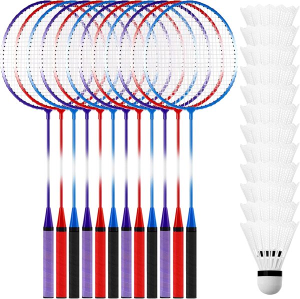 Meooeck 12 Pcs Badminton Rackets Set for Adults and Teenagers Badminton Set with 12 Pcs Nylon Shuttlecocks for Backyard Gym Beach Outdoor Games, Red, Purple and Blue
