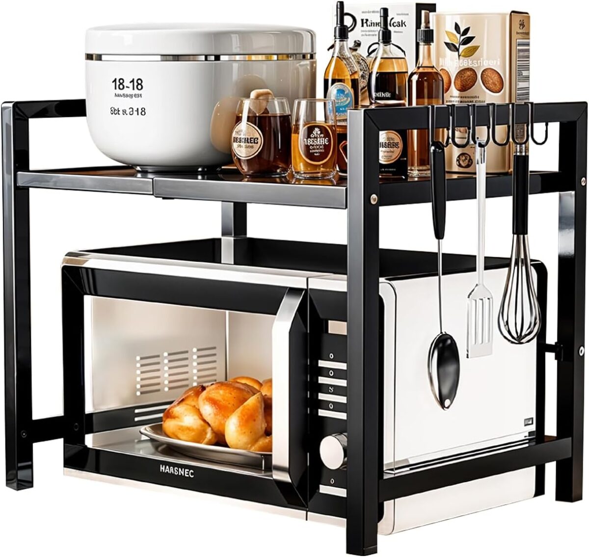 Microwave Oven Rack, Microwave Stand Countertop Adjustable Over Microwave Shelf Organizer, Extendable Kitchen Microwave Stand with Storage with 6 Hooks