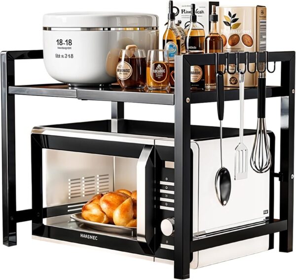 Microwave Oven Rack, Microwave Stand Countertop Adjustable Over Microwave Shelf Organizer, Extendable Kitchen Microwave Stand with Storage with 6 Hooks