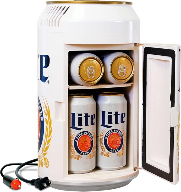 Miller Lite Mini Fridge – Refrigerator for Bedroom Office, Portable Table Top Beverage Cooler, 12V 110V Refrigerador For Drinks, Soda, Wines, Breast Milk, Use In Car, Outdoor, Patio, 8 Can