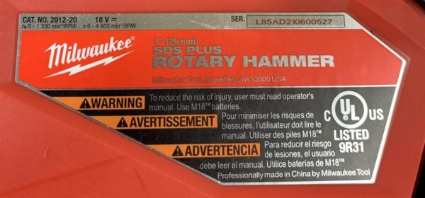 Milwaukee 2912-20 M18 Fuel 18V 1″ Sds Plus Brushless Rotary Hammer