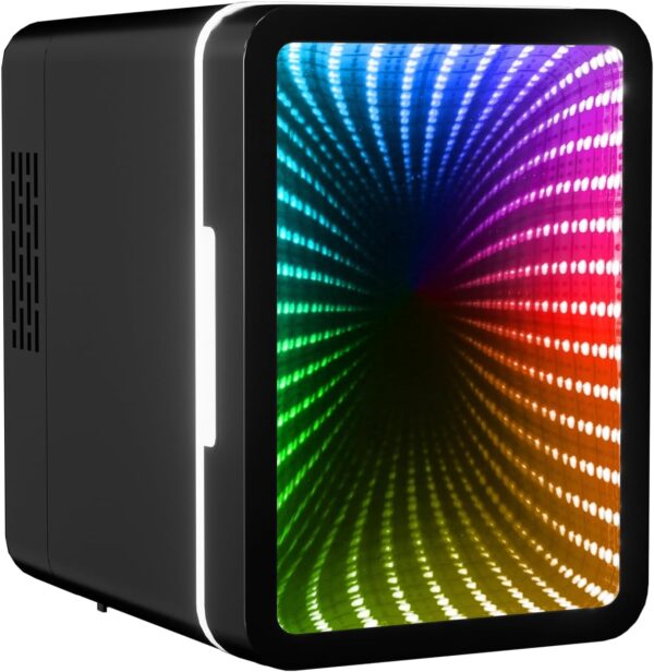 Mini Fridge, 6 Cans Small Refrigerator With LED Light, AC/DC Thermoelectric Cooler and Warmer, Ideal for Bedroom, Office, Gaming Room and Car, 12 Colors Light Effects, Mirror Screen Door
