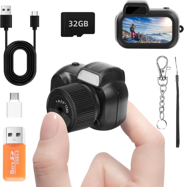 Mini Keychain Camera, FHD 1080p 8MP with 32GB SD Card, OTG Adapters, Card Readers, Eight Filters, 100 Mins Battery Life Mini Digital Camera for Gift Travel Study Recording (Black, 32GB)