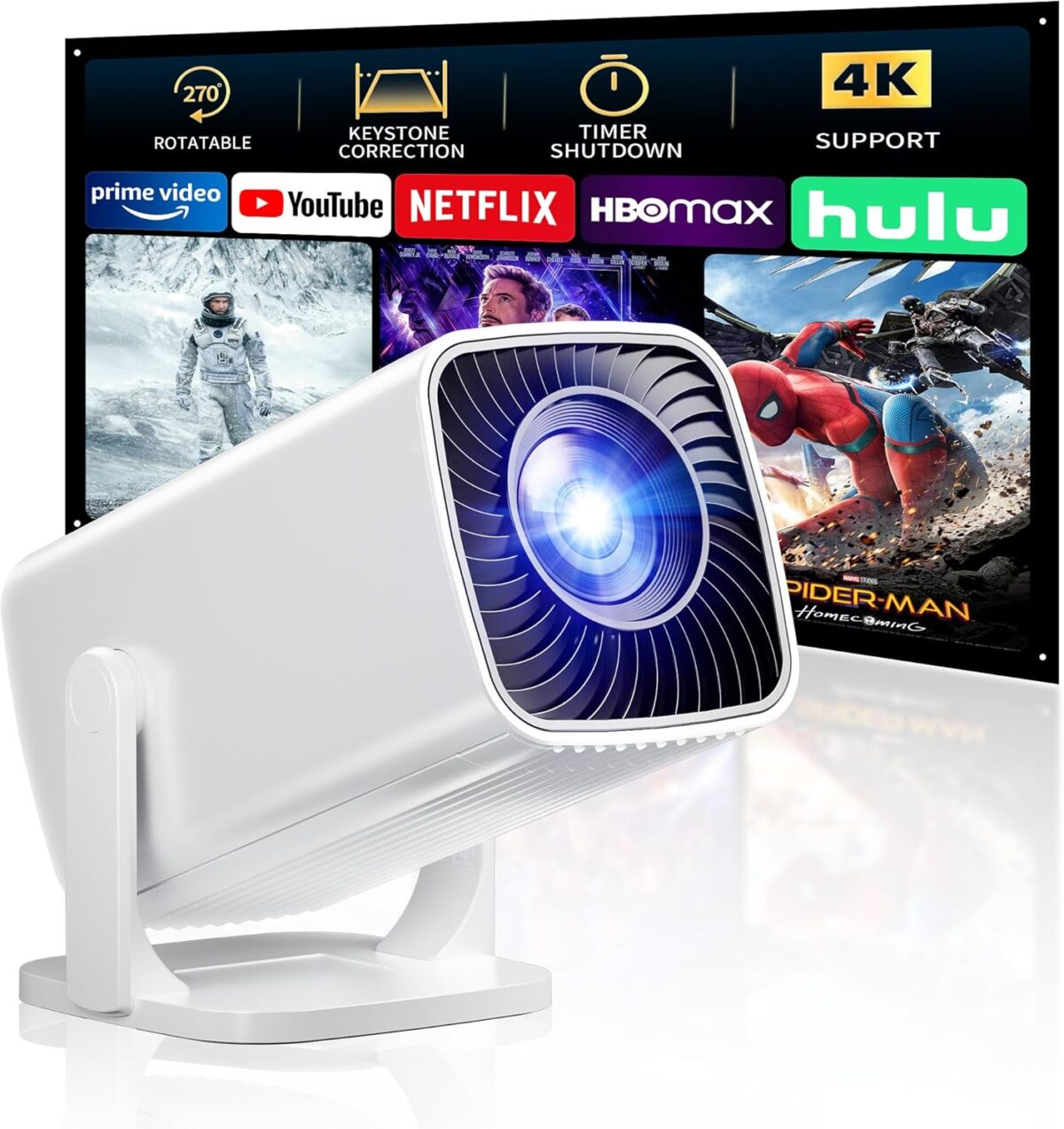 Mini Projector, Portable Projector 4K Support, Full HD 1080P Outdoor Projector, 270° Rotation Movie Projector, Max 200″ Screen, Compatible with Smartphone, TV Stick, Laptop, PS4, HDMI, USB