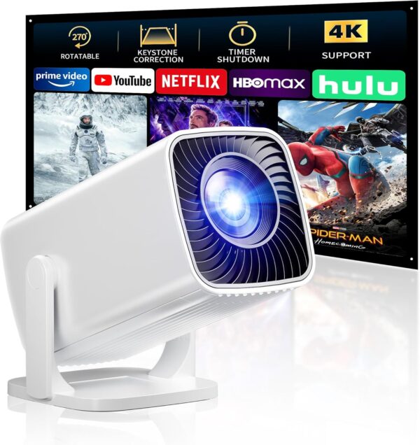 Mini Projector, Portable Projector 4K Support, Full HD 1080P Outdoor Projector, 270° Rotation Movie Projector, Max 200″ Screen, Compatible with Smartphone, TV Stick, Laptop, PS4, HDMI, USB