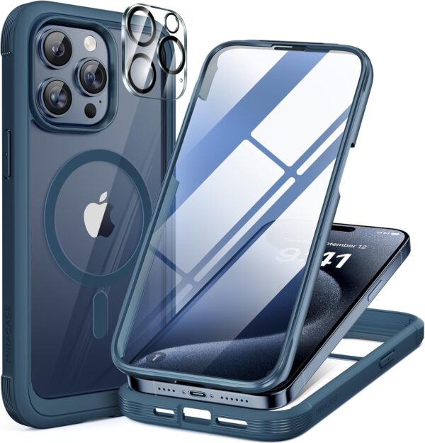 Miracase Magnetic for iPhone 15 Pro Max Case 6.7” [Compatible with Magsafe] Full-Body Drop Proof Bumper Phone Case for iPhone 15 Pro Max with Built-in 9H Tempered Glass Screen Protector,Blue
