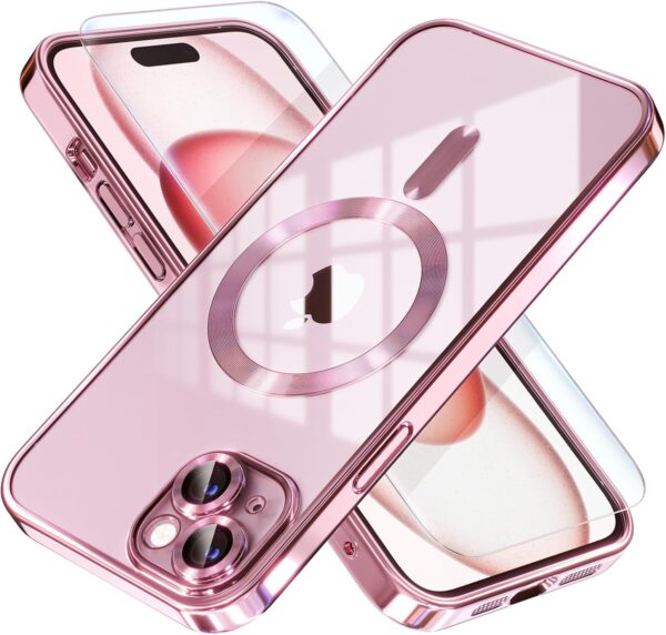 Misea Magnetic for iPhone 15 Case Compatible with MagSafe [Never Yellowing] [Military Grade Drop Protection] Full Camera Lens Protector Plating Soft Clear Phone Case for Women Girls, Pink