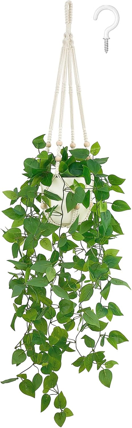 Mkono Fake Hanging Plant with Pot, Artificial Plants for Home Decor Indoor Macrame Plant Hanger with Fake Vines Greenery for Bedroom Bathroom Kitchen Office Decor, Ivory (Pothos)
