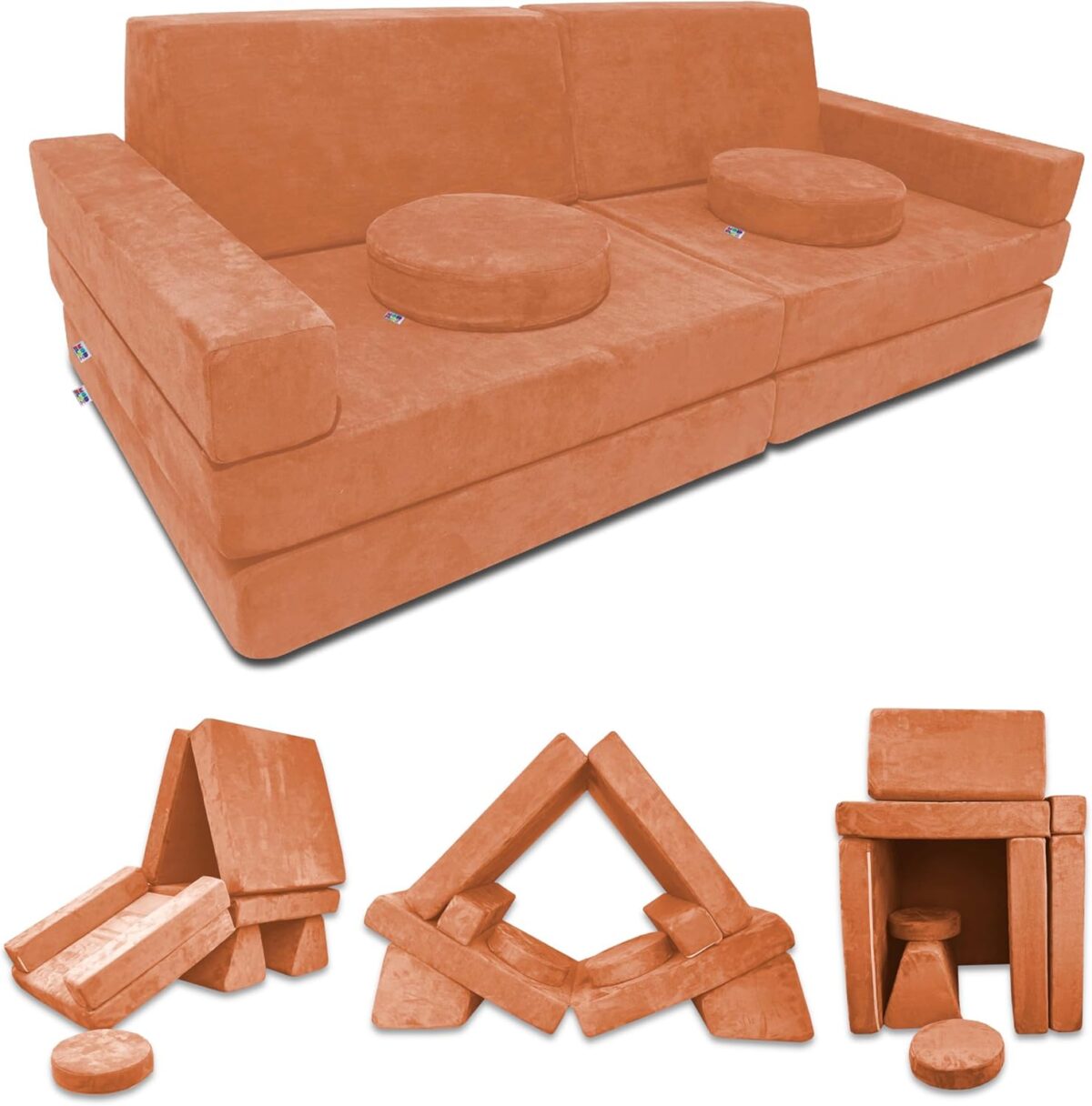 Mod Blox 10 Piece Soft Modular Kids Play Couch for Boys and Girls ｜ Child Sectional Fort Building Sofa for Toddlers Playroom with Microsuede Covers and High Density Convertible Foam Cushions (Orange)