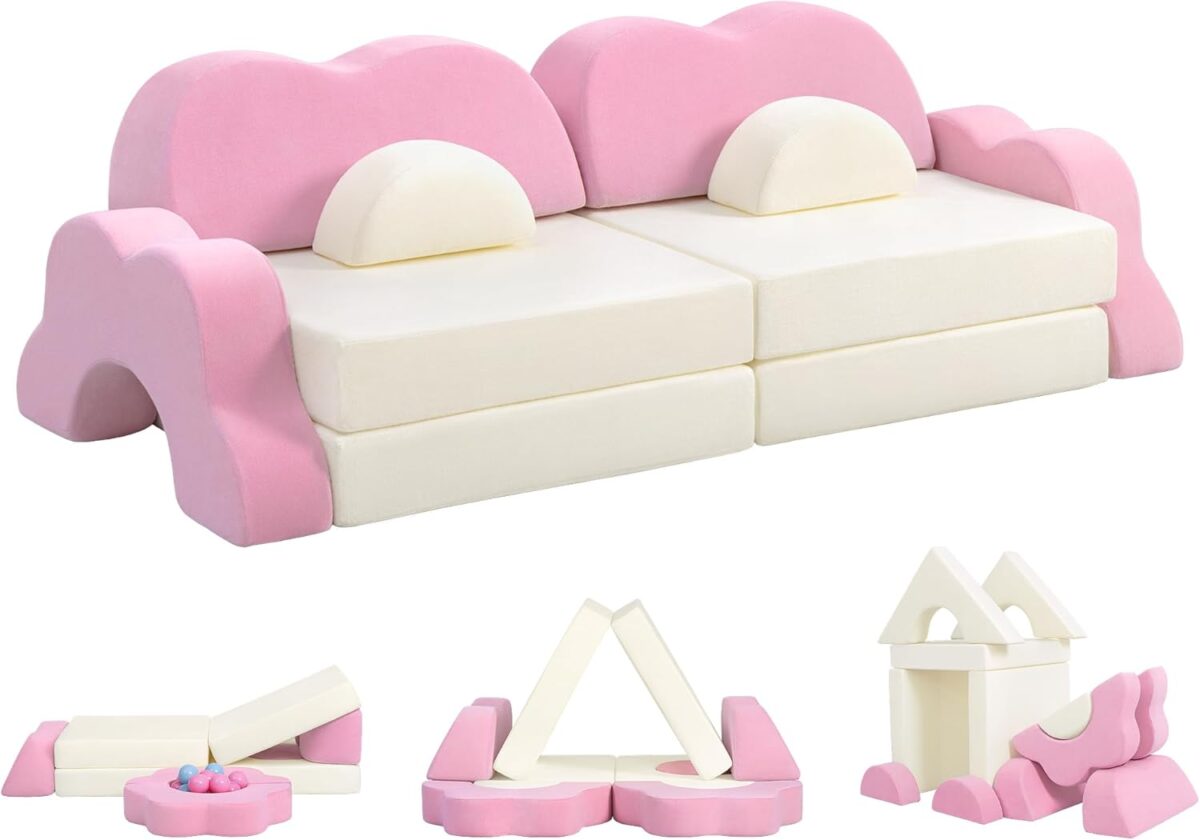 Modular Kids Play Couch, 13PCS Thick Toddler Sofa Set, Convertible Foam Couch for Building Forts, Lounger & Play, Removable Washable Cover for Playroom, Bedroom (Pink)