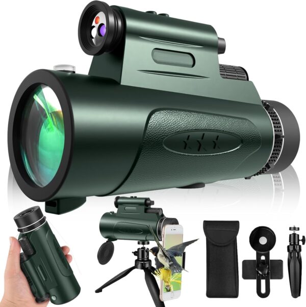 Monocular Telescope with Lights HD Monoculars 80×100 for Adults High Powered Monocular for Hunting with Smartphone Holder & Tripod, Handheld Telescope Suitable for Bird Watching Stargazing-Green