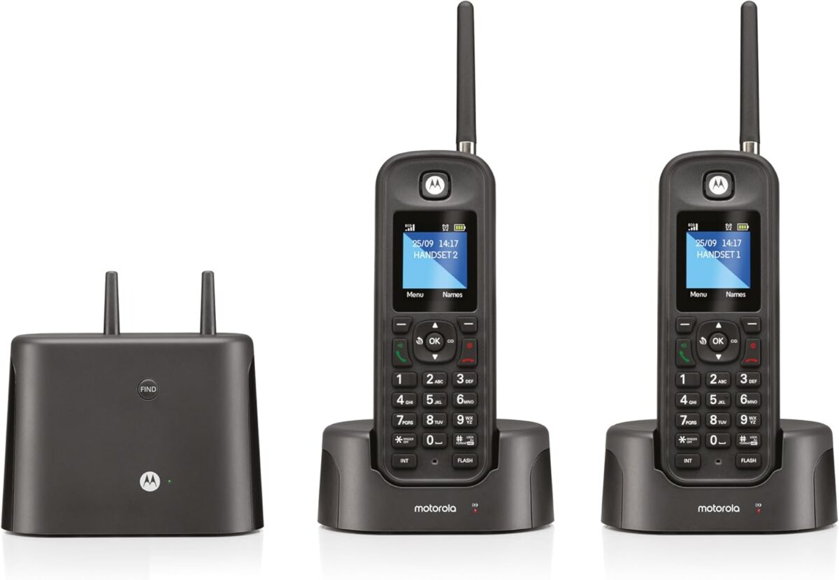 Motorola O212 DECT 6.0 Long Range Cordless Phone – Wireless Phones for Home & Office Phone with Answering Machine – Indoors and Outdoors, Water & Dust Resistant, IP67 Certified – Black, 2 Handsets