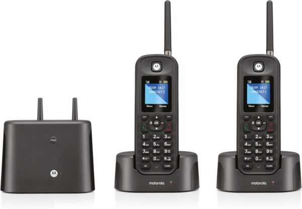 Motorola O212 DECT 6.0 Long Range Cordless Phone – Wireless Phones for Home & Office Phone with Answering Machine – Indoors and Outdoors, Water & Dust Resistant, IP67 Certified – Black, 2 Handsets