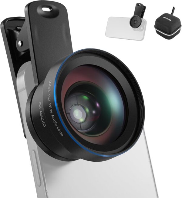 NEEWER BASICS 2 In 1 Phone Camera Lens Accessories Kit, HD 0.45x Wide Angle + 15x Macro, Lens Clip, Detachable 17mm to 37mm Filter Adapter Ring Compatible with iPhone Samsung Android Smartphone, LS-67