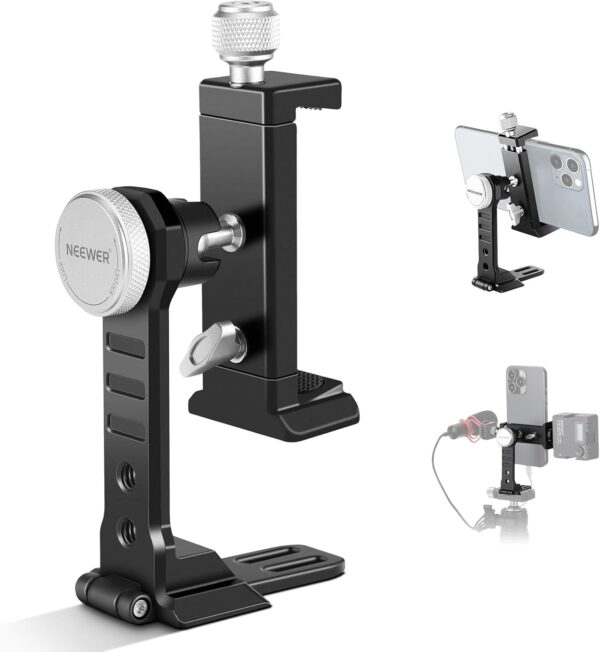 NEEWER Smartphone Tripod Mount Aluminum Alloy, 360° Rotatable Phone Stand Holder Clamp with Cold Shoe and Arca Base Compatible with iPhone 15 Pro Max Galaxy S24 Ultra Pixel & 2.6″-4″ Wide Smartphones