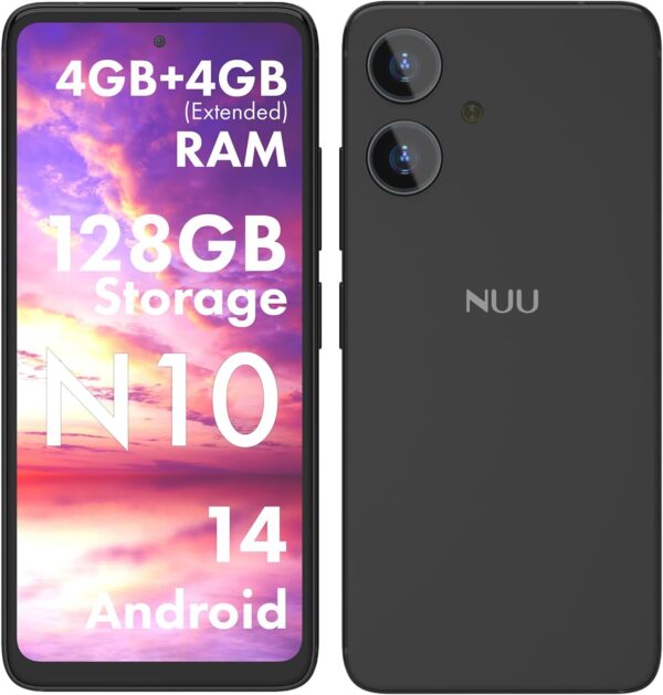 NUU N10 Basic Cell Phone for T-Mobile, Mint, Metro, Qlink, Tello and More 4GB/128GB, Perfect for Teenagers, Dual SIM 4G, Octa-Core 6.6″ 90Hz HD+, Unlocked Phones Android Phone 14, US Warranty (Black)