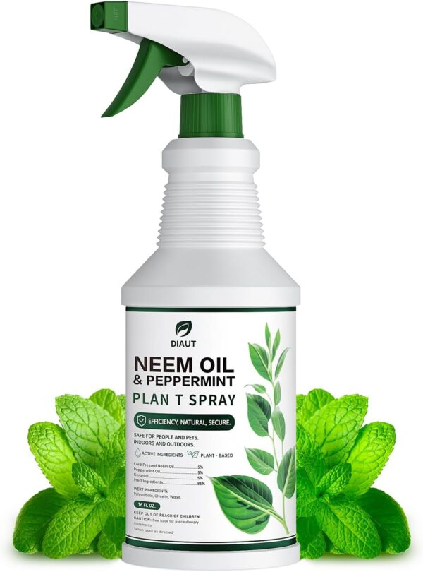 Neem Oil & Peppermint Spray, Natural Neem Oil Plant Protection for Indoor/Outdoor Use, Plant-Based Formula, Safe for Vegetables, Houseplants & Edible Gardens, 16oz Ready-to-use