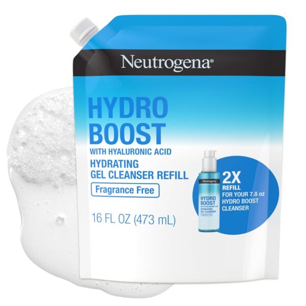 Neutrogena Hydro Boost Fragrance Free Hydrating Gel Facial Cleanser with Hyaluronic Acid, Daily Foaming Face Wash & Makeup Remover, Gentle Face Wash, Non-Comedogenic, Refill Pouch, 16 fl. oz