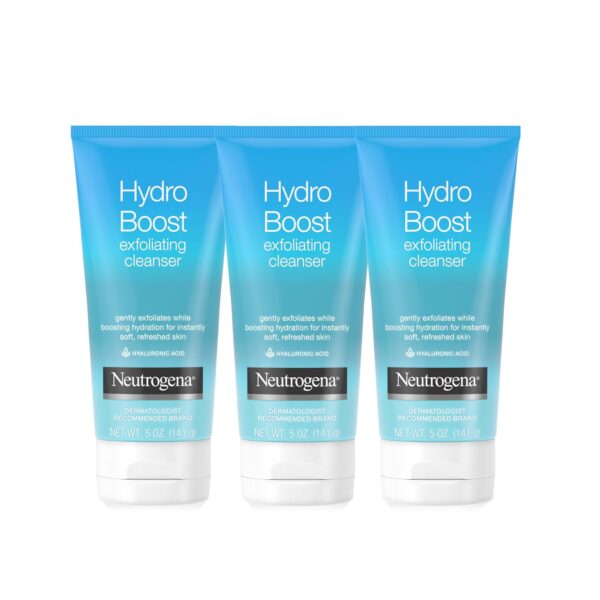 Neutrogena Hydro Boost Gentle Exfoliating Daily Facial Cleanser with Hyaluronic Acid, Clinically Proven to Increase Skin’s Hydration Level, Non-Comedogenic Oil-, Soap- & Paraben-Free, 5 Oz, 3 Pack