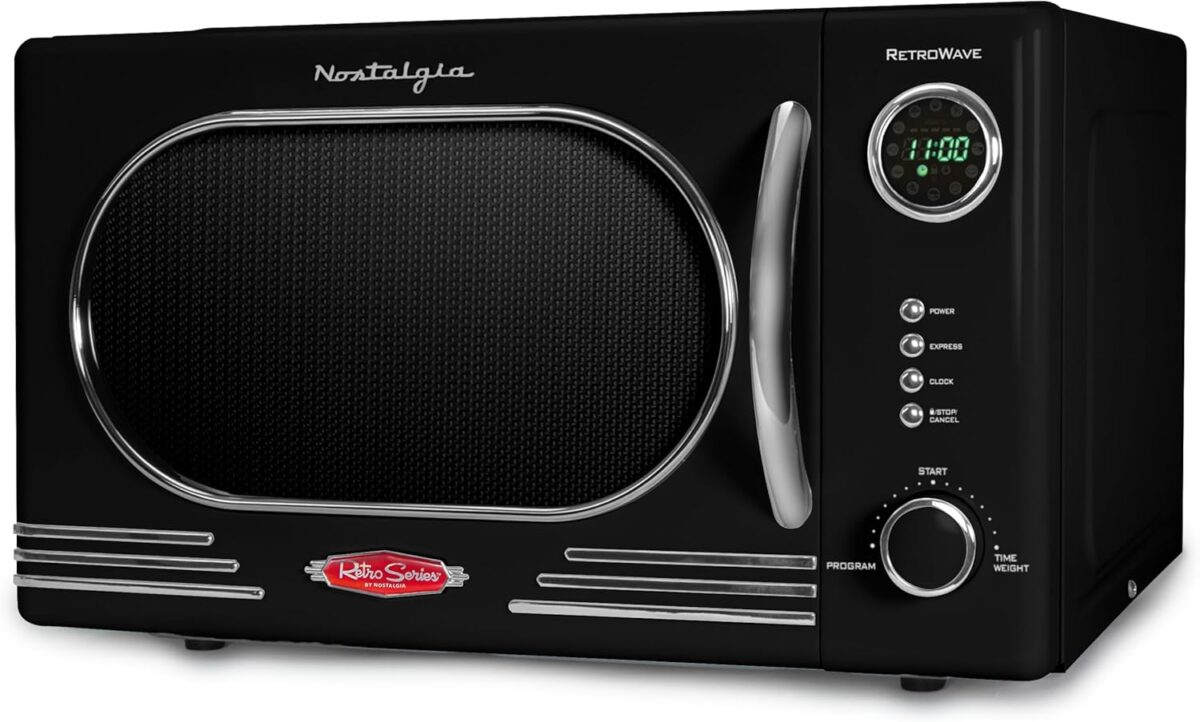 Nostalgia NRMO11BK6A 1000 Watt Power Retro Countertop Microwave Oven Easy to Clean with Removable Glass Turntable-Child Safety Lock-12 Programs-Digital Clock, 1.1 Cu Ft, Black