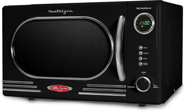 Nostalgia NRMO11BK6A 1000 Watt Power Retro Countertop Microwave Oven Easy to Clean with Removable Glass Turntable-Child Safety Lock-12 Programs-Digital Clock, 1.1 Cu Ft, Black
