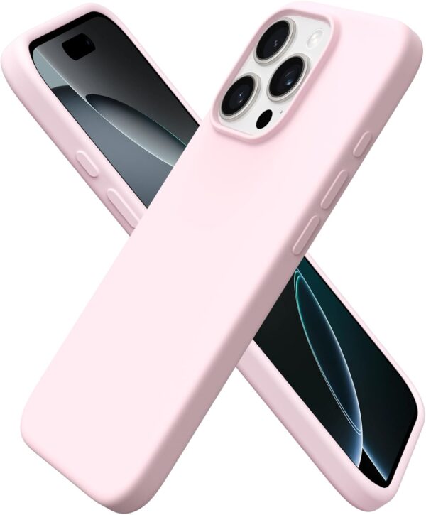 ORNARTO Compatible with iPhone 16 Pro Case 6.3″, Slim Liquid Silicone 3 Layers Soft Gel Rubber Shockproof Protective Case with Anti-Scratch Microfiber Lining-Chalk Pink