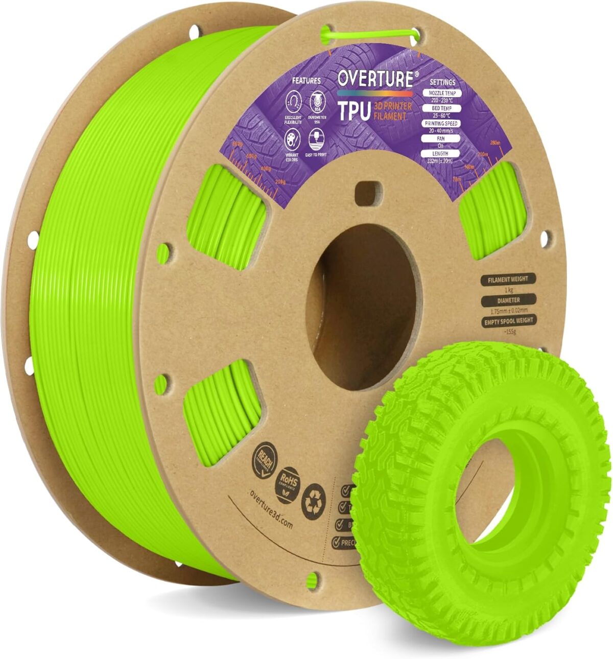 OVERTURE TPU Filament 1.75mm Flexible Roll, 95A Soft 3D Printer Filament, 1kg Spool (2.2 lbs), Fit Most FDM Printer(TPU Light Green)