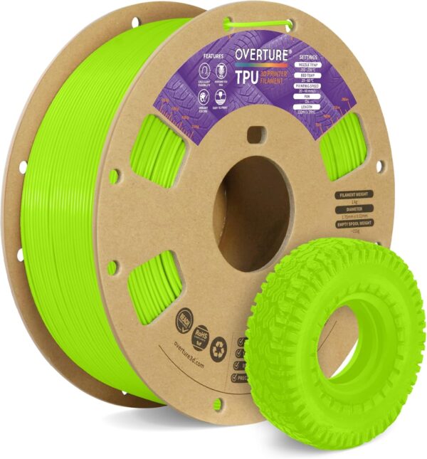 OVERTURE TPU Filament 1.75mm Flexible Roll, 95A Soft 3D Printer Filament, 1kg Spool (2.2 lbs), Fit Most FDM Printer(TPU Light Green)