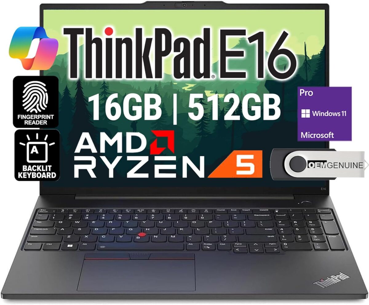 Oemgenuine Lenovo ThinkPad E16, WUXGA 16″ IPS, AMD Ryzen 5 7430U, 16GB RAM, 512GB NVMe, FP, UK English Backlit Keyboard, WiFi 6 + BT, RJ-45, FHD Webcam, W11P, Business Laptop