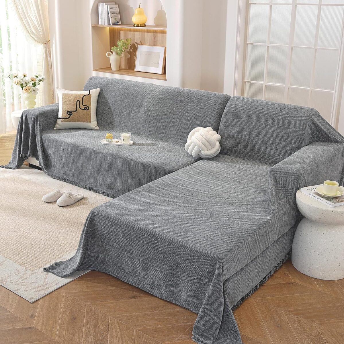 OstepDecor Sectional Couch Covers 2 Pieces, L Shaped Couch Cover Blanket, Sectional Sofa Cover Washable, Chaise Lounge Sofa Slipcovers Pet Furniture Protector for Dogs (71″x110″+71″x118″, Dark Grey)