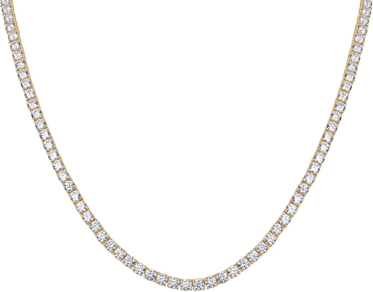 PAVOI 14K Gold Plated 3mm Simulated Diamond Tennis Necklace for Women | Tennis Chain | Chunky Long Gold Necklace for Women| Sizes 15″ and 18″