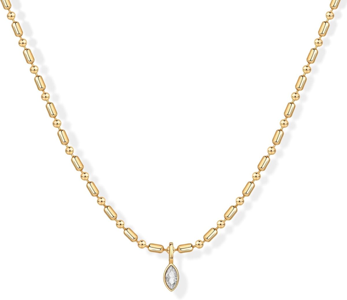 PAVOI 14K Gold Plated Dainty Tube Ball Square Beaded Chain Bezel Set Solitaire Pendant Necklace for Women | Round Princess Marquise Cubic Zirconia Statement Necklace
