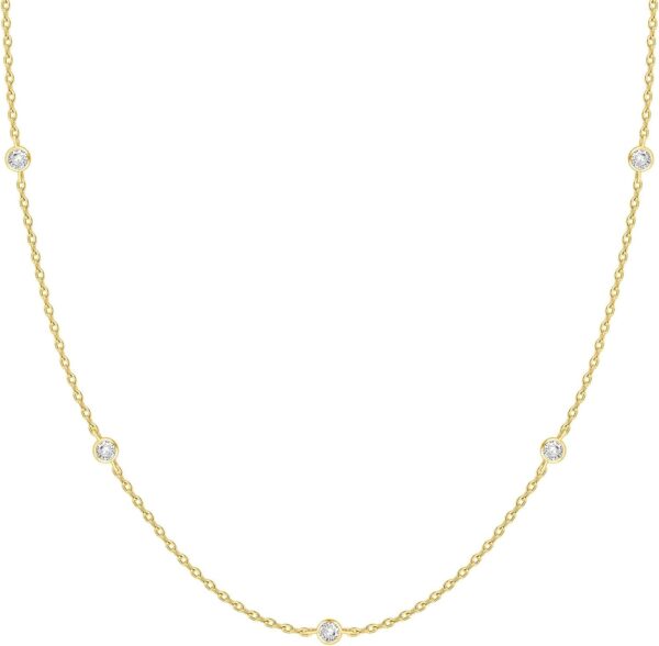 PAVOI 14K Gold Plated Station Necklace – Simulated Diamond BTY Layering Necklaces – Womens CZ Chain