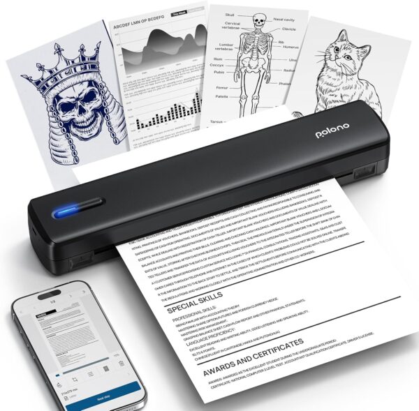 POLONO Portable Printer Wireless for Travel, D810 Bluetooth Thermal Printer Support for 8.5″x11″ US Letter, Inkless Compatible with iOS, Android, Laptop for Office, Car and Home, Black